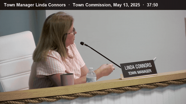 May 13, 2025: the Town Manager begins, so one of the items was Commissioner DeNapoli, and a hand comes in from the seat beside her