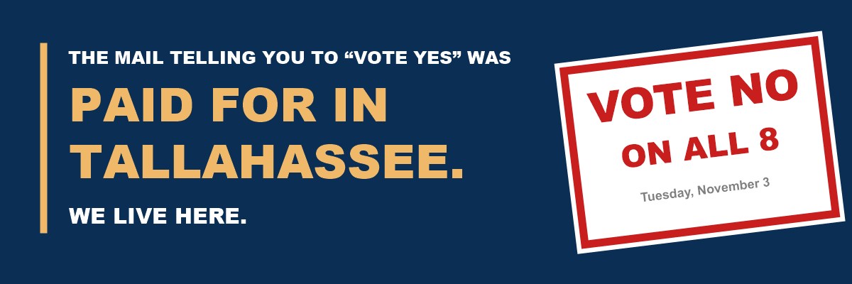 The mail telling you to vote yes was paid for in Tallahassee. We live here. A red stamp reads: Vote NO on all 8, Tuesday, November 3.