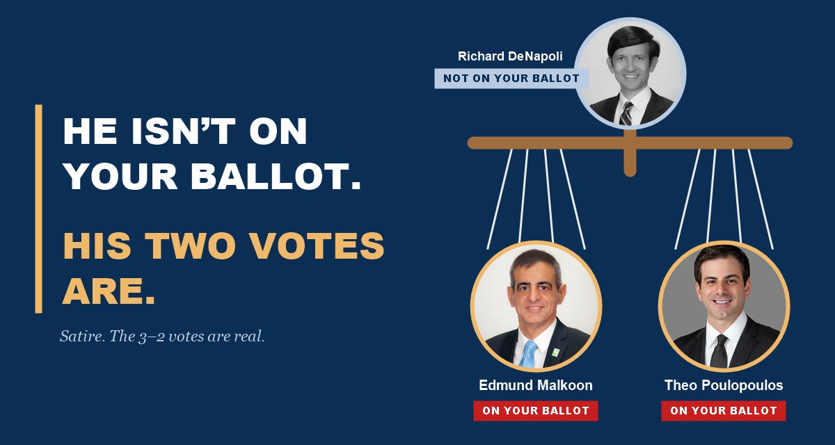 Satire: Richard DeNapoli, not on your ballot, holds a puppet bar. Strings run down to Mayor Edmund Malkoon and Commissioner Theo Poulopoulos, both on your ballot. He isn&rsquo;t on your ballot. His two votes are. The 3&ndash;2 votes are real.