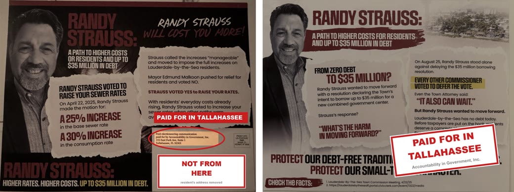 Front and back of the mailer attacking Randy Strauss, muted. Front: circled, paid for by Accountability in Government, Inc., 115 East Park Ave, Suite 1, Tallahassee; the resident address is covered. Back: stamped Paid for in Tallahassee.