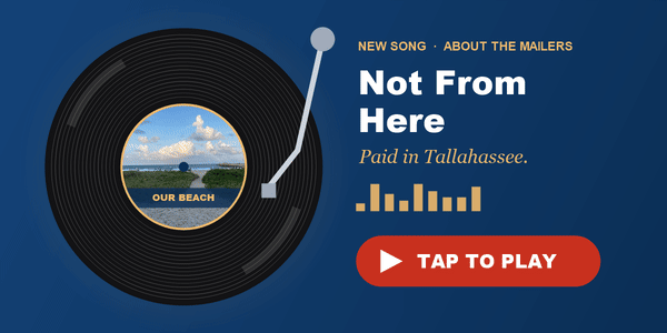 A new song, Not From Here: a spinning record with our beach on the label. Tap to play.