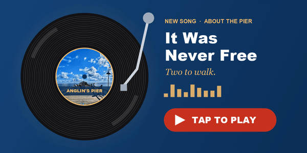 A new song, It Was Never Free, about Anglin&rsquo;s Pier. A spinning record with the pier on the label. Tap to play.