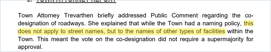 April 14, 2026 minutes: the Town Attorney says the naming policy does not apply to street names