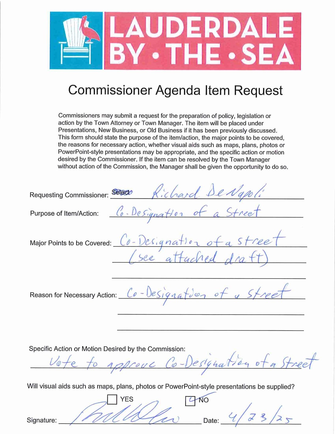 The signed request, April 23, 2025.