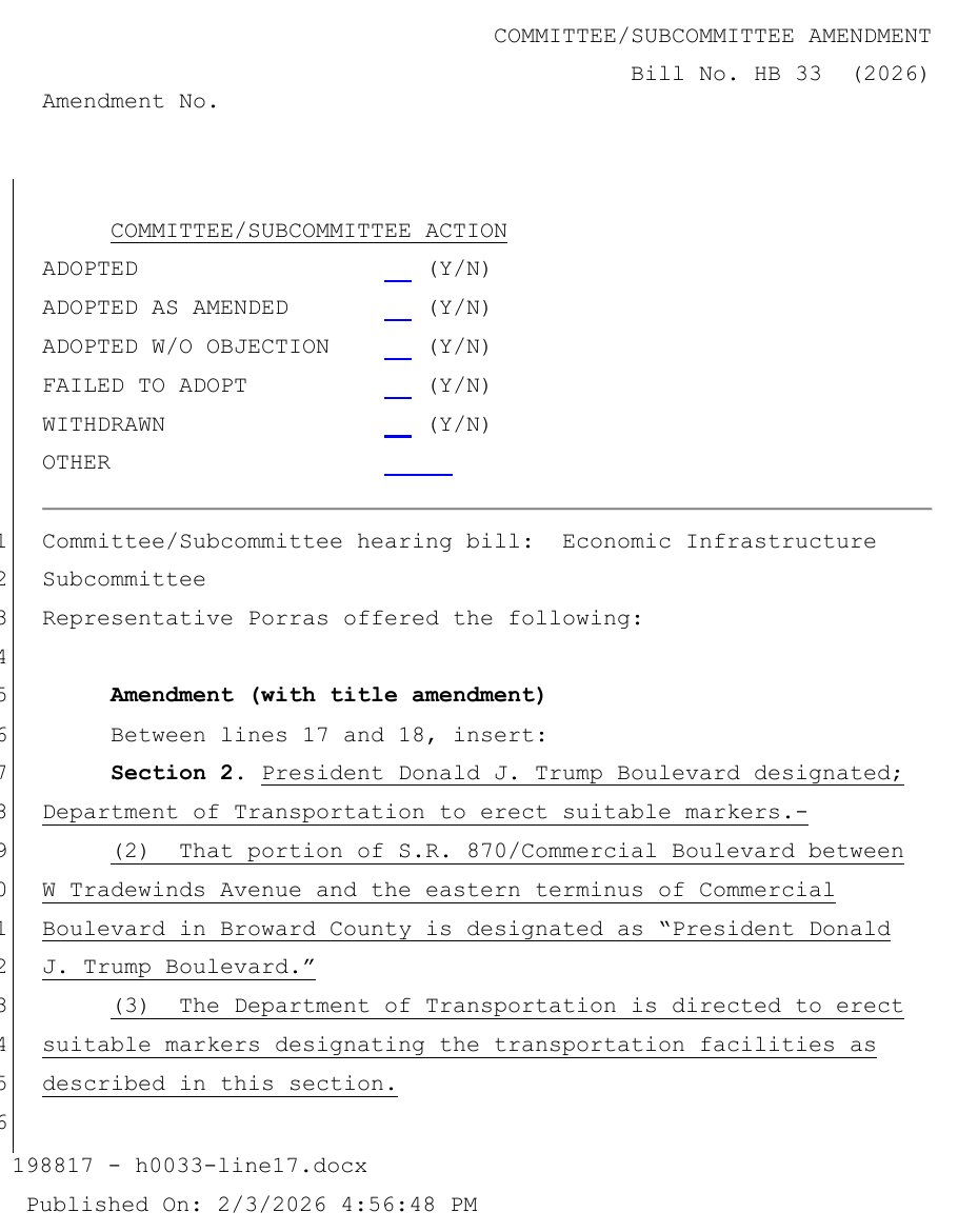 Committee amendment 198817 to HB 33, offered by Representative Porras, designating Commercial Boulevard; footer reads Published On: 2/3/2026 4:56:48 PM