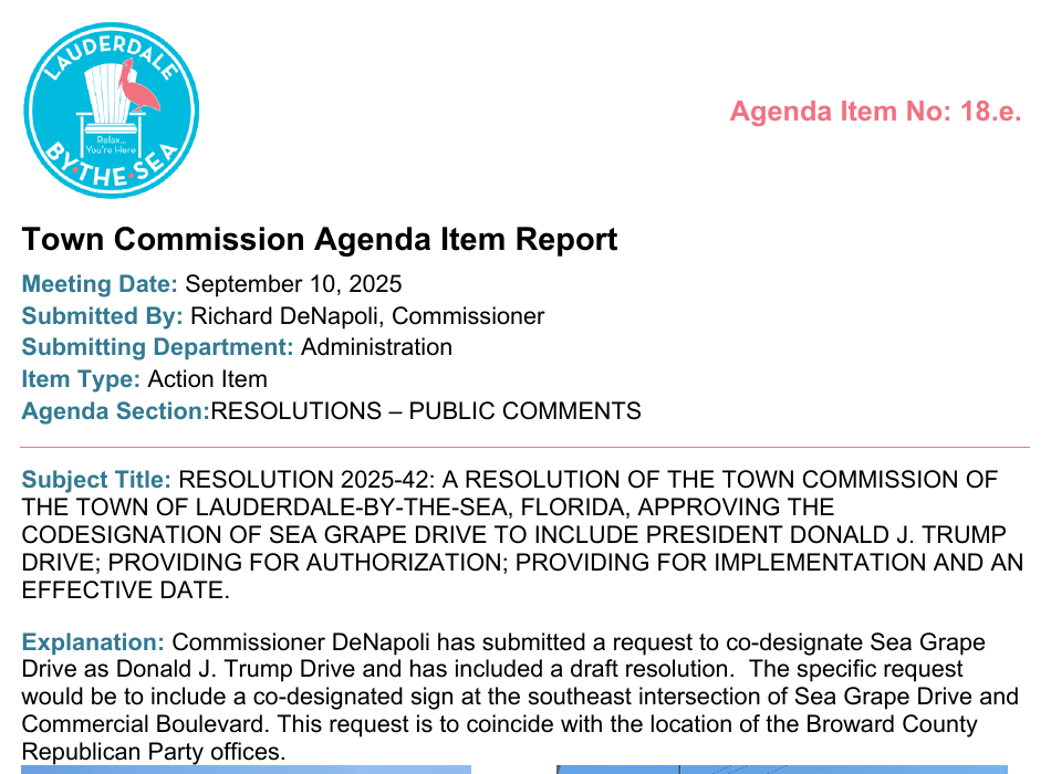 Agenda Item 18.e, September 10, 2025, submitted by Richard DeNapoli: request to co-designate Sea Grape Drive, to coincide with the location of a party's county offices