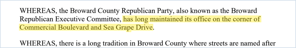 The sample resolution submitted in April 2025 already contained the clause about the party's office on the corner