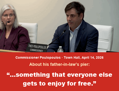 Commissioner Theo Poulopoulos at Town Hall, April 14, 2026, about his father-in-law&rsquo;s pier: something that everyone else gets to enjoy for free.